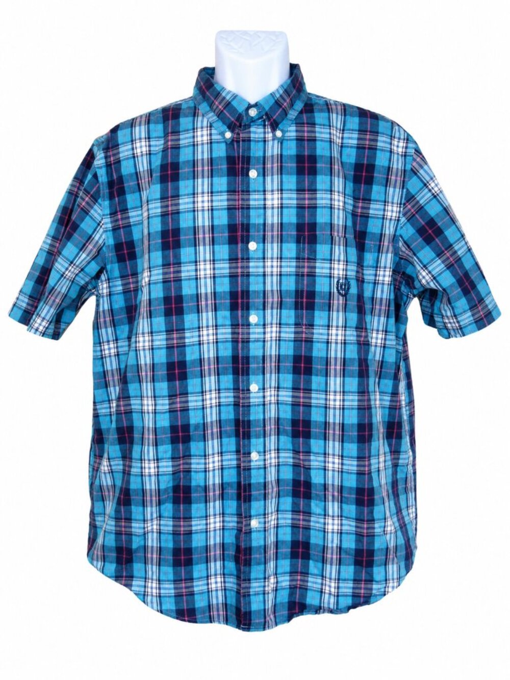 Chaps Island Blue Plaid Short Sleeve Button-Down Shirt | Large